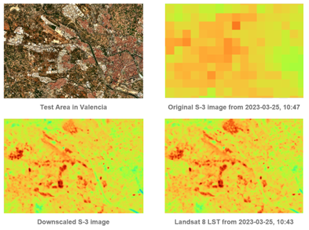 Example of downscaled Sentinel 3 SLSTR L2 LST from 1km to 30m and Landsat LST for comparison.
